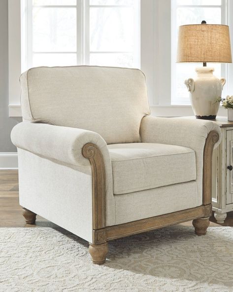 Every good living room design includes at least one accent chair.  And if you’re into the farmhouse look, you’re in luck - there are tons of opti... | Add a Weathered Look with Light-Toned Wood and Linen Farmhouse Armchair, Farmhouse Accent Chair, Sofa Santai, Novelty Floor Lamp, Chair And A Half, Accent Chairs For Living Room, Chaise Sofa, Ashley Furniture, Upholstered Seating