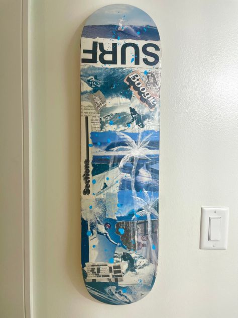 "Skateboard Deck collaged with surf imagery from magazines and photos, and finished with resin. All Skateboards are custom made to order and can be catered to buyers preference. The creative direction can be left totally up to the artist, or you can request a certain color scheme or addition. Upon ordering please specify a color request or select no preference.  Any additional requests can most likely be accommodated as well, just add a comment under \"personalization\". Boards include Skateboard Deck hanger mount and are ready to display. These Skateboards are made to order and will take approximately 7-10 days to create. Each Skateboard is completely unique and created for each individual customer, the images are sample boards." Snowboard Wall Decor, Skateboard Decks On Wall, Skateboard In Room, Skate Board Wall Art, Painted Skateboard Aesthetic, Painted Skateboard Decks Art, Surfboard Room Decor, Surf Room Aesthetic, Surfboard Room