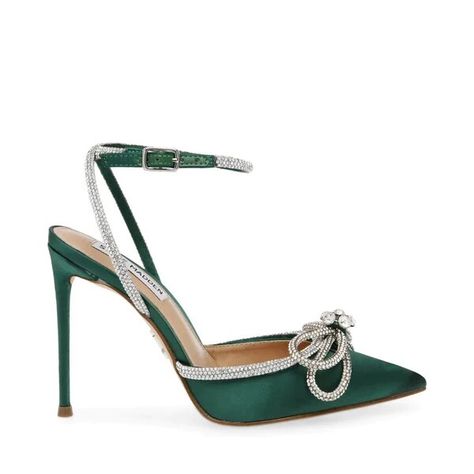 Crafted in luxe emerald satin, this dark green stiletto heel is party pump perfection. The shimmering trim and bow embellishments add dimension to the modern silhouette. Faux satin upper material Rhinestone detailing 4.25" heel height Sizing Advice: Due to the vinyl upper, this style tends to run small. We recommend ordering ½-1 size bigger than your usual size. Green Heels Outfit, Emerald Green Heels, Emerald Shoes, Steve Madden Store, Party Pumps, Satin Shoes, Prom Heels, Heels Outfits, Green Heels