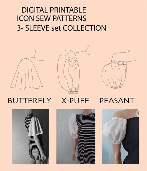 Puffy Sleeve Pattern Sewing, Puff Sleeve Sketch, Different Puff Sleeves Pattern, Butterfly Sleeve Dress Pattern, Butterfly Sleeves Dress, Peasant Sleeve Pattern, Angel Sleeve Pattern, Puff Sleeve Sewing Pattern, How To Add Sleeves To A Dress