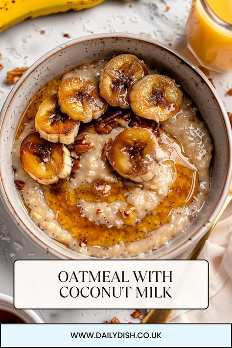 Oatmeal With Coconut Milk Coconut Breakfast, Coconut Rice Breakfast, Coconut Milk Breakfast Recipes, Coconut Milk Breakfast, Caramelized Fruit, Coconut Oatmeal, Vegan Waffles, Vegan Breakfast Easy, Caramelized Bananas