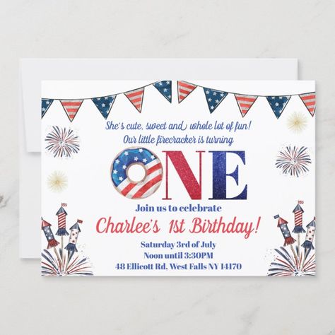 Fourth Of July First Birthday, July Baby Birthday, 4th Of July First Birthday, July Birthday, Turning One, Birthday Invitations Girl, 1st Birthday Invitations, 4th Of July Party, Girl First Birthday