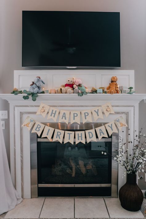 classic pooh 1st birthday-mantle Mantle Birthday Decor, 1st Birthday Fireplace Decor, Birthday Mantle Decor, Birthday Fireplace Decor, Classic Pooh, Birthday Decor, Mantle Decor, Bday Ideas, Fireplace Decor