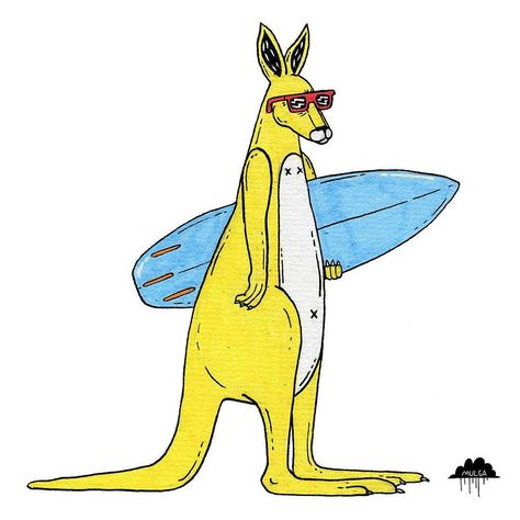 I drew Lou the Kangaroo for @slurpeeaus for Australia Day.  The story of Lou the Kangaroo  Lou the Kangaroo was the best dude at surfing in his mob. One time he had to compete against Geoff the best surfer roo from the mob from the neighbouring town. They were sworn enemies and whoever lost the comp that town's male roos had to wear dresses for a week and mow all the lawns in the winning town while wearing dresses. It was high stakes and Lou was under a lot of pressure to perform. Turns out that Kangaroo Drawing, Kangaroo Illustration, Surf Drawing, Surf Tattoo, Funky Tattoos, The Mob, Modern Tattoos, Australia Day, High Stakes