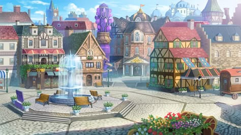 Fantasy Town, Anime Places, Fantasy Background, Scenery Background, Town Square, Fantasy City, Fantasy Setting, Fantasy Places, Square Art