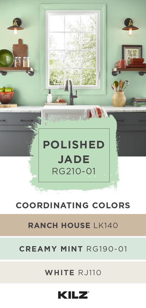 Looking to create a one-of-a-kind color palette for your next home improvement project? Get inspired by the bright hue of KILZ COMPLETE COATⓇ Paint & Primer In One in Polished Jade. This green hue pairs well with neutral white and warm wood tones, as seen in this modern kitchen. Click below to learn more. Bright Kitchen Paint Colors, Jadeite Paint Color, Bright Kitchen Wall Colors, Jade Paint Color, Paint Corner, Bright Kitchen Colors, Paint Splotches, Green Kitchen Walls, Pearl Boots