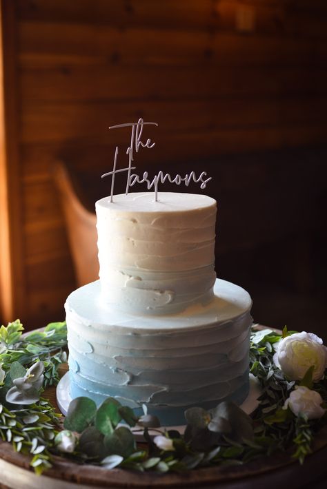 Blue wedding cake, rustic, wood flowers Dusty Blue Navy Wedding Cake, Rustic Dusty Blue Wedding Cake, Wedding Cake Ideas Dusty Blue, Dusty Blue Wedding Cake Rustic, Sage Green Navy Blue Blush Pink Wedding Cake, Simple Dusty Blue Wedding Cake, Powder Blue Wedding Cake, Wedding Cake Designs Single Tier, Dusky Blue Wedding Cake