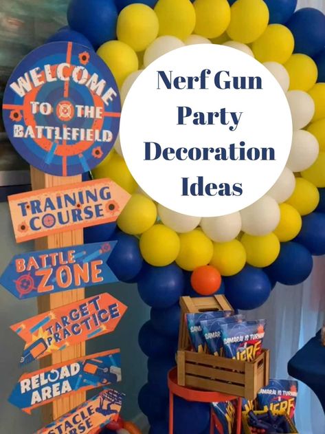 47+ Epic Nerf Gun Party Ideas - Fun Party Pop Nerf Centerpiece Ideas, Nerf Birthday Party Ideas Cake, Nerf Cakes For Boys, Nerf Birthday Party Ideas Food, Haunted Woods Ideas, Nerf Party Decorations, Nerf Themed Birthday Party, Nerf Party Ideas, Nerf Party Food