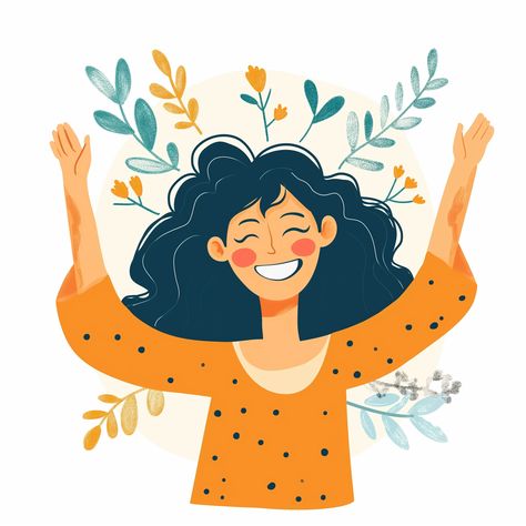 ✨🎨Charming Illustrations with Midjourney Prompts: Click the Link in my Profile🔗🔍 Confident Woman Illustration, Happy Person Illustration, Optimistic Illustration, Happy Woman Illustration, Confidence Illustration, Hands Up In The Air, Boho Art Painting, Mental Therapy, Happiness And Peace