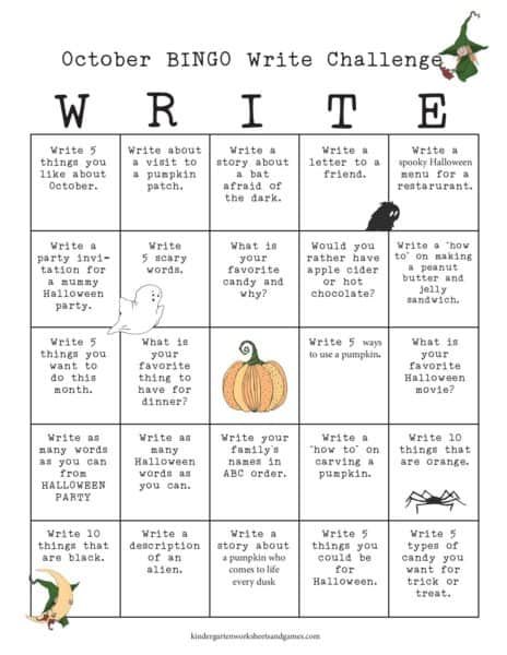 Looking for a fun way to get kids to practice writing in October? Check out this fun, free printable, October BINGO Write Challenge with a list of creative writing prompts for kindergarten, first grade, and 2nd grade students. These free Halloween writing prompts are perfect for engaging children to make writing fun! Fun Writing Prompts For Kindergarten, Halloween Ideas For Elementary School, Writing Bingo Challenge, Fall Creative Writing Prompts, October Writing Activities, Fall Writing Prompts First Grade, October Prompts 2023, Writing Prompts October, October Writing Challenge