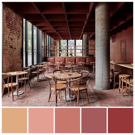 Red Interior Restaurant, Monochromatic Restaurant, Brick Colour Palette, Red Brick Interior Design, Restaurant Color Scheme, Ritz Ghougassian, Red Brick Interior, Red Colour Scheme, Palette Illustration