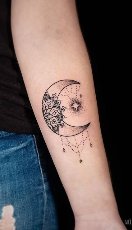 100 Unique Moon Tattoos Ideas and Meanings - Tattoo Me Now Filigree Moon Tattoo, Moon Catcher Tattoo, Indian Style Tattoos For Women, Crescent Moon Mandala Tattoo, Paisley Moon Tattoo, Half Moon Tattoos For Women, Small Moon Hand Tattoo, Tattoo Of The Moon, Intricate Moon Tattoo