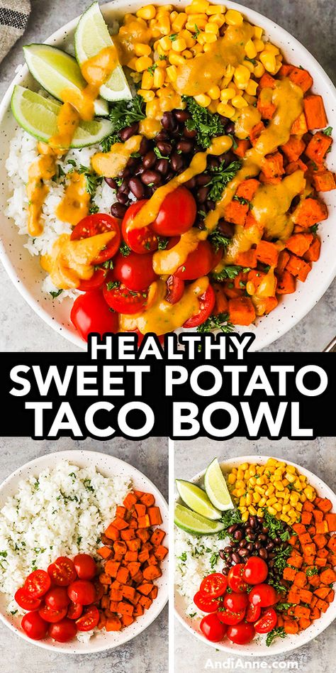 This sweet potato taco bowl is filled with healthy ingredients, and it’s really really delicious! It’s full of color including roasted sweet potato, corn, tomatoes, black beans, and parsley – all on a bed of rice, and drizzled with creamy avocado dressing. This is a vegetarian budget-friendly recipe that’s full of beautiful colors. Sweet Potato Lunch Ideas, Potato Taco Bowl, Taco Spice Mix, Sweet Potato Bowl, Sweet Potato Tater Tots, Potato Bowl, Cilantro Salad, Creamy Avocado Dressing, Sweet Potato Bowls