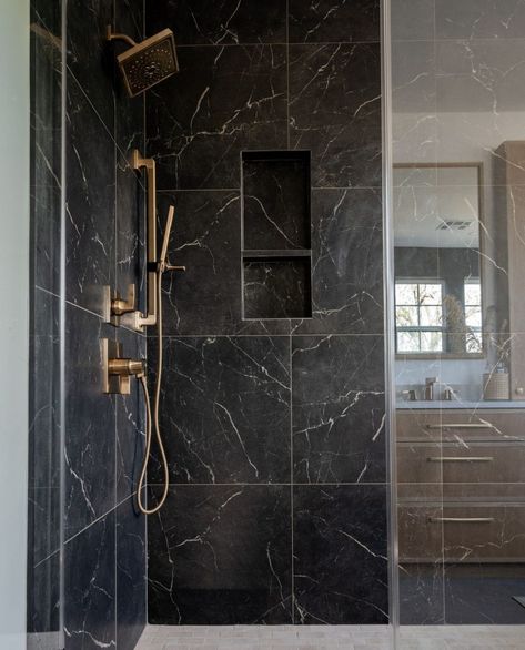 Unique Shower Tile Designs: 38 Inspirational Ideas for Your Bathroom - placeideal.com Unique Shower Tile, Shower Tile Design, Black Marble Tile, Quartz Bathroom, Master Bath Design, Black Floor Tiles, Shower Wall Tile, Dark Tile, Walk In Showers