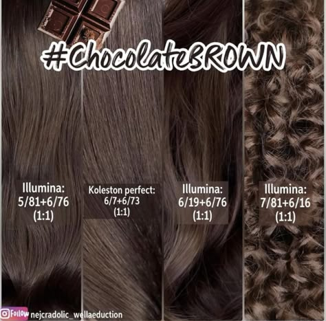 Wella Hair Color Chart, Cool Tone Brown Hair, Dark Chocolate Hair Color, Wella Formulas, Chocolate Hair Color, Brown Hair Color Chart, Cool Brown Hair, Dark Chocolate Hair, Dark Chocolate Brown Hair