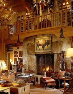 Huge fireplace! What a cozy cabin! Massive Fireplace, Western Chic Decor, Lodge Living Room, Western Style Interior, Western Living Room, Western Interior, Log Home Decorating, Rustic Western Decor, Plans Architecture