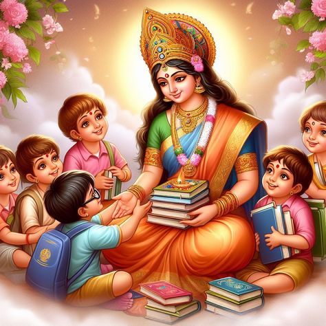 Mata Saraswati Teaching Her Children Lord Saraswati Hd Wallpaper, Saraswathi Devi Images Hd, Saraswati Devi Hd Wallpaper, Sarswati Maa Photo, Saraswati Goddess Hd Wallpaper, Maa Saraswati Hd Image, Saraswati Mata Photo, Saraswati Mata Drawing, Saraswati Goddess Paintings