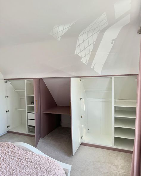 IKEA PAX Customisation | Maximising every nook and cranny with style! Our IKEA PAX fitted wardrobe with dusky pink custom doors fits perfectly under the eaves. ✨... | Instagram Walk In Wardrobe Sloped Ceiling, Eaves Wardrobe Ideas, Sloped Ceiling Bedroom Master Slanted Walls, Under Eaves Wardrobe, Eves Storage, Pax Ikea Wardrobe, Eaves Storage Ideas, Eaves Wardrobe, Attic Bedroom Closets