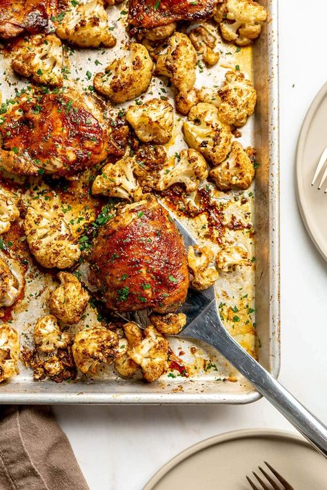 Balsamic Chicken and Cauliflower Sheet Pan Dinner - Fed & Fit Cauliflower Sheet Pan Dinner, Easy Nutritious Meals, Chicken Sheet Pan Dinner, Greek Chicken And Potatoes, Chicken And Cauliflower, Recipes Meal Prep, Chicken Sheet Pan, Lower Carb Meals, Sheet Pan Meals Chicken