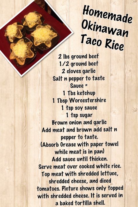 Homemade Okinawan Taco Rice Mmmmm!! 2lbs ground beef and 1/2 onion and 2 cloves garlic Gastric Recipes, Leftover Rice Recipes, Fatty Foods, Taco Rice, Pork Fried Rice, Dinner Fits, Dream Food, Asian Sauce, Buddha Bowls