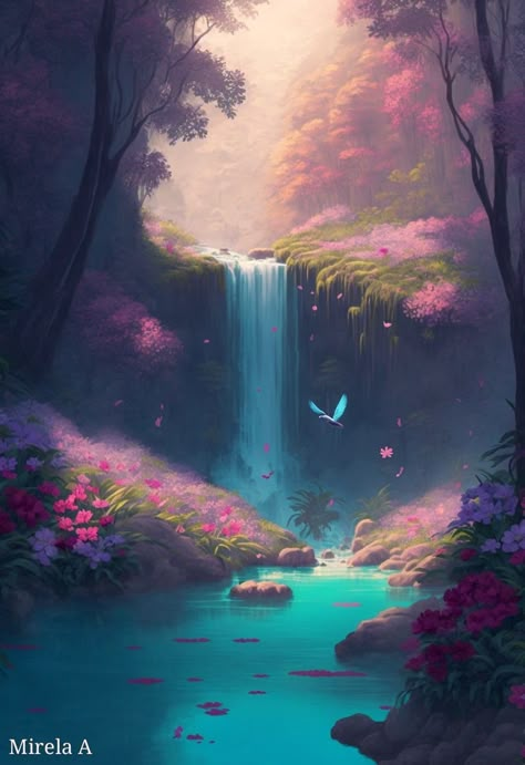 Dream Landscape Art, Waterfall Digital Art, Utopia Painting, Waterfall Concept Art, Fantasy Landscape Art, Beginners Acrylic Painting, Painting On Canvas For Beginners, Easy Flower Painting, Canvas For Beginners