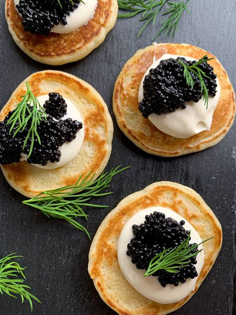 Caviar & Homemade Blini with Crème Fraîche Caviar Blini Recipe, Blini And Caviar, Caviar And Creme Fraiche, Caviar And Belini, Caviar Bellini, Crème Fraiche Recipes, Caviar Serving Ideas, Caviar Blinis, Blini Caviar