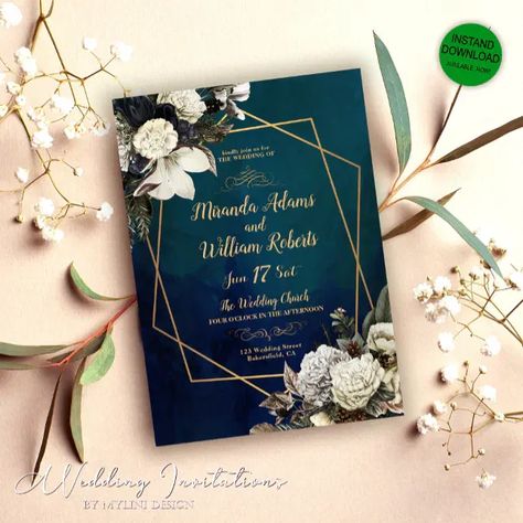 Make Your Love Bloom with Custom Wedding Invitations. Celebrate your love story with our Custom Floral and Gold Emerald Green Wedding Invitations. These unique invitations are meticulously crafted to create an enchanting first impression of your big day. Featuring lush florals and shimmering gold accents, these invitations offer a touch of nature and a dash of luxury. Perfect for any season, our invitations promise a memorable start to your happily ever after. Personalize and buy now. Gold Frame Wedding, Emerald Green Wedding, 3d Templates, Wreath Wedding Invitations, Emerald Green Weddings, Gold Wreath, Green Wedding Invitations, Wedding Shower Invitations, Wreath Wedding