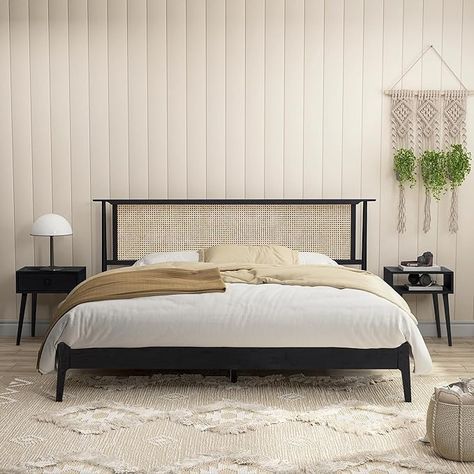 Amazon.com: NTC Ruby Wooden Bed Frame with Headboard and Natural Rattan, Solid Oak Foundation with Silent Slats, 1000 Lb Capacity, Effortless Assembly, Queen - Burnt Black : Home & Kitchen Solid Wooden Bed, Black Bed Frames, Solid Wood Bed Frame, Modern Bed Frame, Wooden Bed Frame, Black Bed, Bed Frame With Headboard, Adult Bedroom, Mattress Box Springs