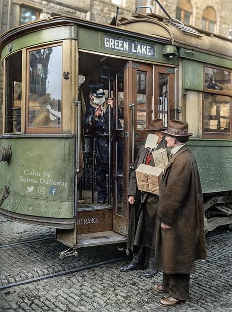 Street car conductor in Seattle not allowing passengers aboard without a mask, during Spanish Flu Pandemic in 1918 Colorized Photos, Green Lake, History Photos, Historical Pictures, Street Cars, Historical Photos, A Mask, Old Photos, Vintage Photos