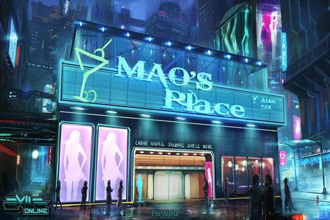 Mao's Place nightclub concept image Nightclub Entrance, Hacker Room, Best Pc Gaming Setup, Futuristic Building, Nightclub Design, Episode Backgrounds, Building Drawing, Arte Cyberpunk, Lounge Design