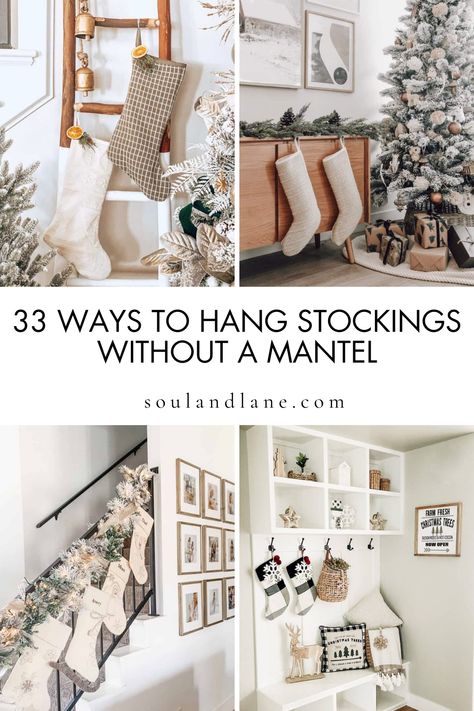 Who says you need a mantel to hang your stockings with care? Explore creative and festive ways to display your holiday stockings without the traditional mantel. From utilizing sturdy wall hooks adorned with festive decor to setting up a charming freestanding ladder draped with garland and lights, these ideas bring holiday cheer to any space. Consider using a decorative curtain rod mounted on the wall or a chic picture ledge adorned with seasonal greenery for a unique twist. Stockings On A Fireplace, Multiple Stocking Display, Stockings On Console Table, Christmas Decor Without A Mantle, Christmas Coat Hanger Decorations, Where To Hang Stockings With No Fireplace, Where To Put Stockings Without Fireplace, Stockings Hanging From Stairs, Hanging Stocking Ideas Without Fireplace