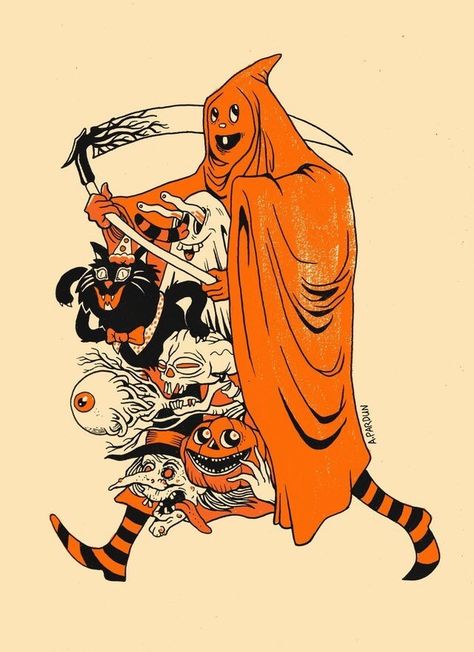 Vintage Halloween 🎃 Well this is...unusual. Retro Halloween Decorations, Halloween Reaper, Vintage Halloween Art, Halloween Artwork, Halloween Illustration, Halloween Sweater, Halloween Images, Spooky Scary, Art Halloween