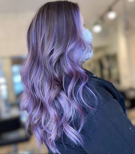 Periwinkle And Brown Hair, Purple Balyage Long Hair, Lilac Balayage, Lavender Balayage, Balyage Long Hair, Pastel Purple Hair, Purple Balayage, Vivid Hair, Purple Dye