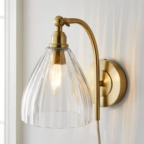 Gold Wall Lights, Caravan Makeover, Plug In Wall Lights, Wall Lights Living Room, Kitchen Wall Lights, Fluted Glass, Lounge Ideas, Wall Lights Bedroom, Glass Wall Lights