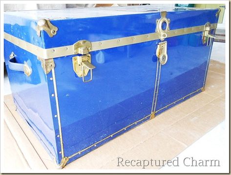 Metal trunk make over Metal Trunk Makeover, Very Small Apartment, Trunk Diy, Trunk Restoration, Trunk Makeover, Metal Trunk, Metal Chest, Metal Trunks, Vintage Trunk