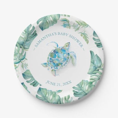 Backyard Baby Showers, Turtle Baby Shower, Turtle Baby, Paper Plates Wedding, Tropical Sea, Turtle Party, Green Sea Turtle, Personalized Plates, Paper Bowls