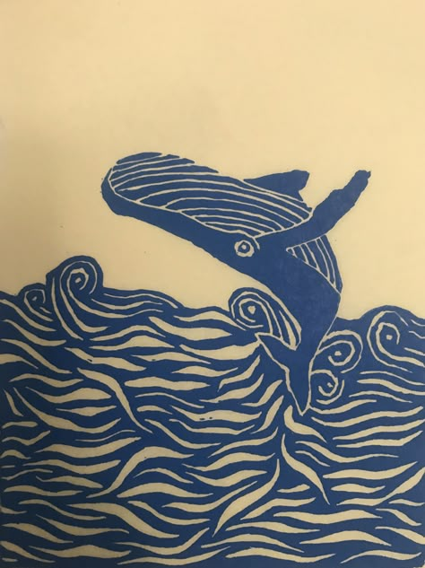 Whale Block Print, Water Lino Print, Linocut Water, Whale Jumping, Waves Illustration, Surfboard Painting, Lino Art, Wood Wall Art Diy, Whale Art