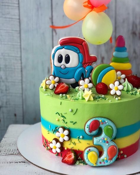 Leo The Truck Cake, Truck Birthday Cakes, Truck Cakes, 3rd Birthday Cakes, Cars Party, Cakes For Women, Birthday Balloon Decorations, Baby Birthday Cakes, Sweets Cake