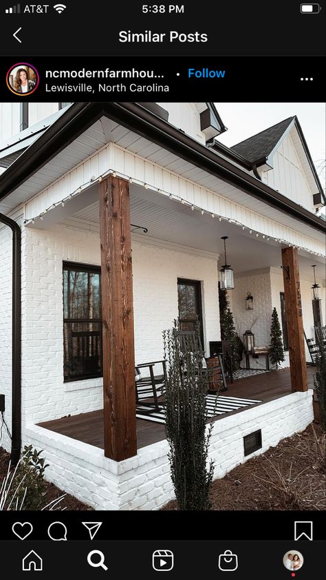 Modern Farmhouse With Brick, Porch Posts Ideas, Front Porch Design Farmhouse, White Gel Stain, Porch Post Ideas, Modern Farmhouse Porch Decor, Front Porch Renovation, French Fries Recipes, Modern Farmhouse Front Porch