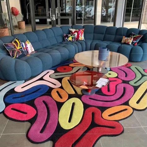 This Colorful Irregular Rug is an easy way to brighten up any room. The colorful rug is great for adding a touch of personality to your space. It's made with a soft touch that will make you feel luxurious every time you put your feet on it. Unique Living Room Rug, Hip Hop House Decor, Fashion Living Room Decor, Cool Area Rugs Living Room, Cute Funky Decor, Abstract House Decor, Abstract Apartment Decor, Funky Couch Living Room, Hip Hop Interior Design