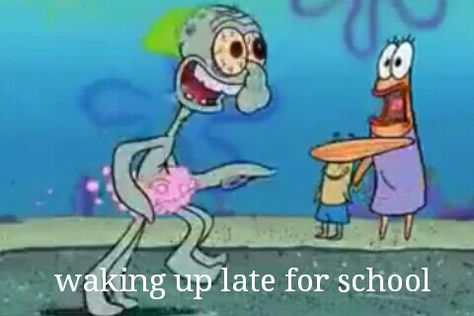 When you wake up late for school Spongebob Faces, Spongebob Pics, Funny Cartoon Memes, Genos Wallpaper, Spongebob Funny, Spongebob Wallpaper, Sponge Bob, Cartoon Profile Pictures, Spongebob Memes