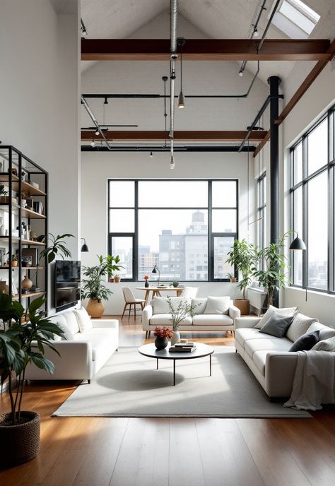 Industrial Living Room Industrial Living Rooms, Industrial Living Room Ideas, Loft Style Living, Ny Apartment, Industrial Living Room, Industrial Chic Style, Metal Beam, Industrial Bookcases, Edgy Elegance