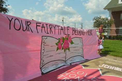 Sorority Bid Day Banner #phimu Fairytale theme Princess Sorority Theme, Disney Bid Day Theme, Fairy Bid Day Theme, Fairytale Bid Day Theme, Princess Bid Day Theme, Disney Sorority Theme, Disney Sorority, Bid Day Banner, Sorority Work Week