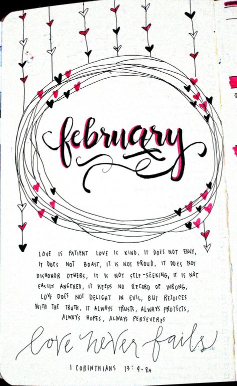 Creative Title Page Design, Amanda Rachlee, February Title Page, Doodles For Bullet Journal, Creative Titles, Favorite Sayings, Love Is Patient, Title Page, Bullet Journaling