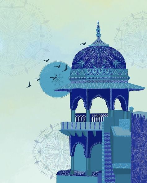 Jodhpur Illustration Art, Indian Building Illustration, Udaipur Illustration Art, Jaipur Illustration Art, Mughal Art Paintings Illustrations, Indian Architecture Illustration, Indian Illustration Culture, Rajasthani Illustration, Jaipur Illustration