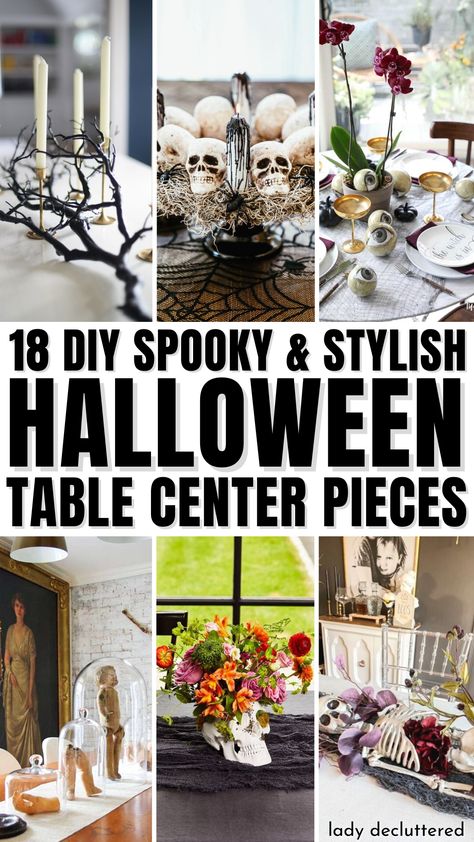 18 DIY Spooky & Stylish Halloween Table Center Pieces Formal Dining Room Halloween Decor, Halloween Decorations Indoor Dining Table, Halloween Kitchen Table Decorations, Halloween Party Table Centerpieces Diy, Table Centerpiece Halloween, Halloween Dining Table Centerpiece Ideas, Halloween Centre Pieces, Halloween Table Centrepiece, Halloween Kitchen Island Centerpiece