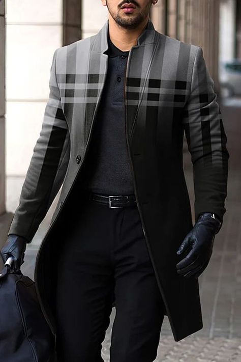 Men's Fashion Business Casual Coat, Plaid Winter Coat, Graphic Jackets, Casual Work Wear, Stand Collar Jackets, Business Casual Work, Polyester Jacket, Mens Fashion Classy, Mens Plaid