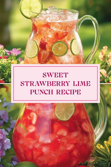 Images of Sweet Strawberry Lime Punch in a glass and a beautifully set outdoor drink station. Ideal for summer parties, this recipe showcases how to create a refreshing celebration cocktail with sweet strawberry flavor and a zesty lime twist. Bachelorette Party Punch, Tequila Party Punch, Pond Water Punch, Party Pitcher Drinks, Baby Shower Punch For Girl, Spring Punch Recipes, Birthday Party Punch, Limeade Punch, Valentine Punch