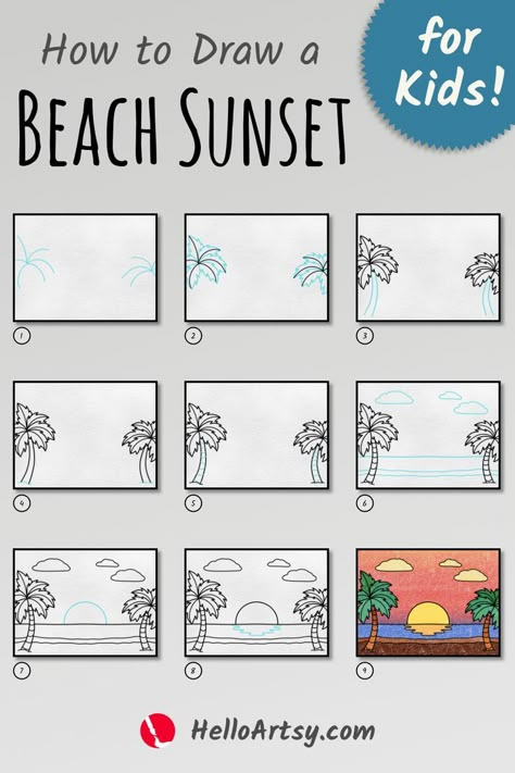 9 drawings demonstrating how to draw a beach sunset drawing easy for kids. Beach Sunset Drawing Easy, Beach Sunset Drawing, Sunset Drawing Easy, Elementary Drawing, Sunset Drawing, Drawing Sunset, Class Art Projects, Summer Drawings, Beach Drawing