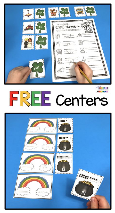 FREE MARCH CENTERS - Word Family Activities- math and literacy - St. Patrick's Day - March - four leaf clover - leprechaun - pots of gold - science - reading and writing - math centers - literacy centers - rainbows - small groups - independent work - spring #kindergartenmath #kindergartencenters March Cvc Activities, March Sight Word Activities, St Patricks Day Lessons For Kindergarten, St Patrick's Day Math Kindergarten, St Patrick’s Day Literacy Activities, March Literacy Centers Kindergarten, St Patricks Day Kindergarten Free, Kindergarten St Patrick’s Day, St Patrick's Day Kindergarten